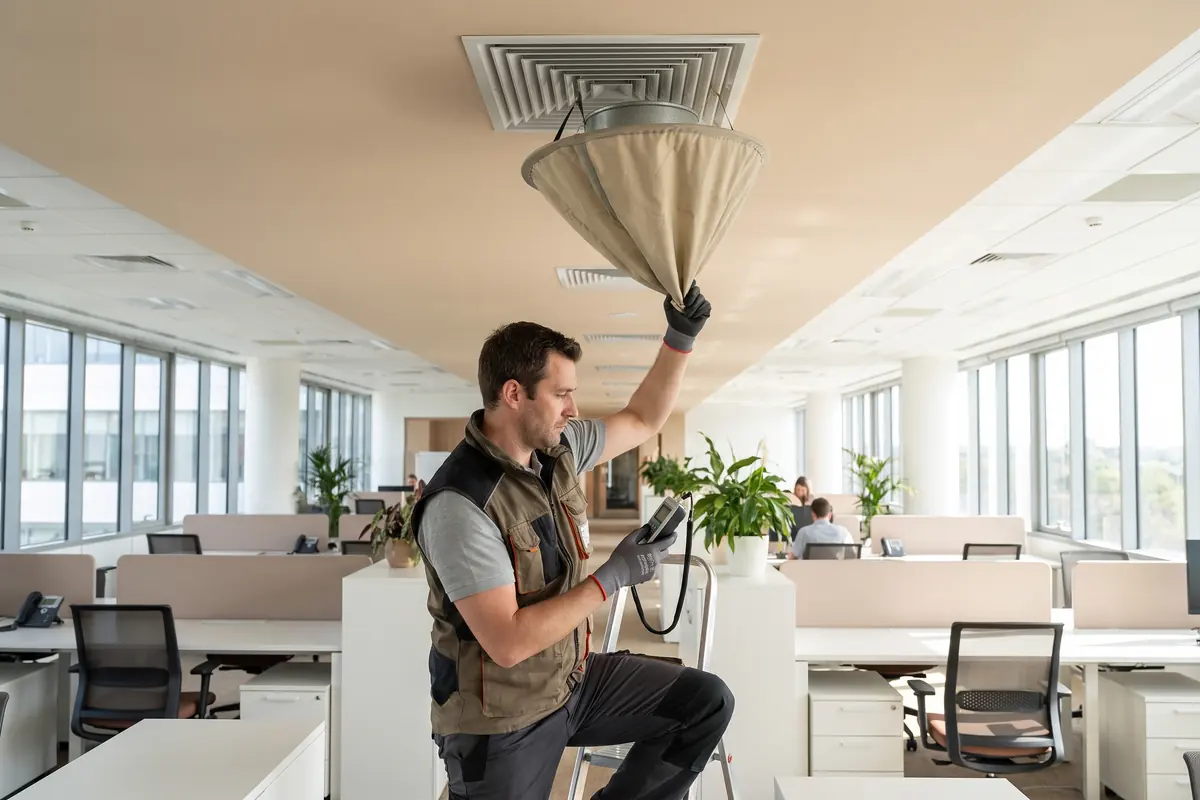 A technician holding a fabric airflow capture hood up to a ceiling supply diffuser in a bright modern office while taking a reading