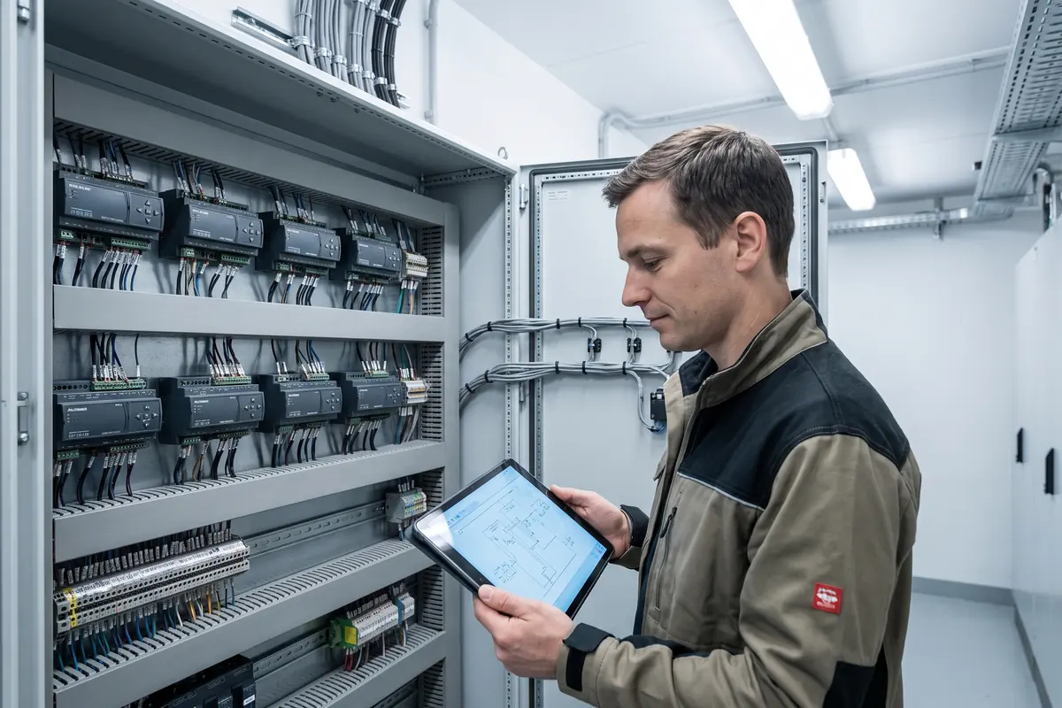 A controls technician at an open building automation panel with labelled DDC controllers and neat wire looms