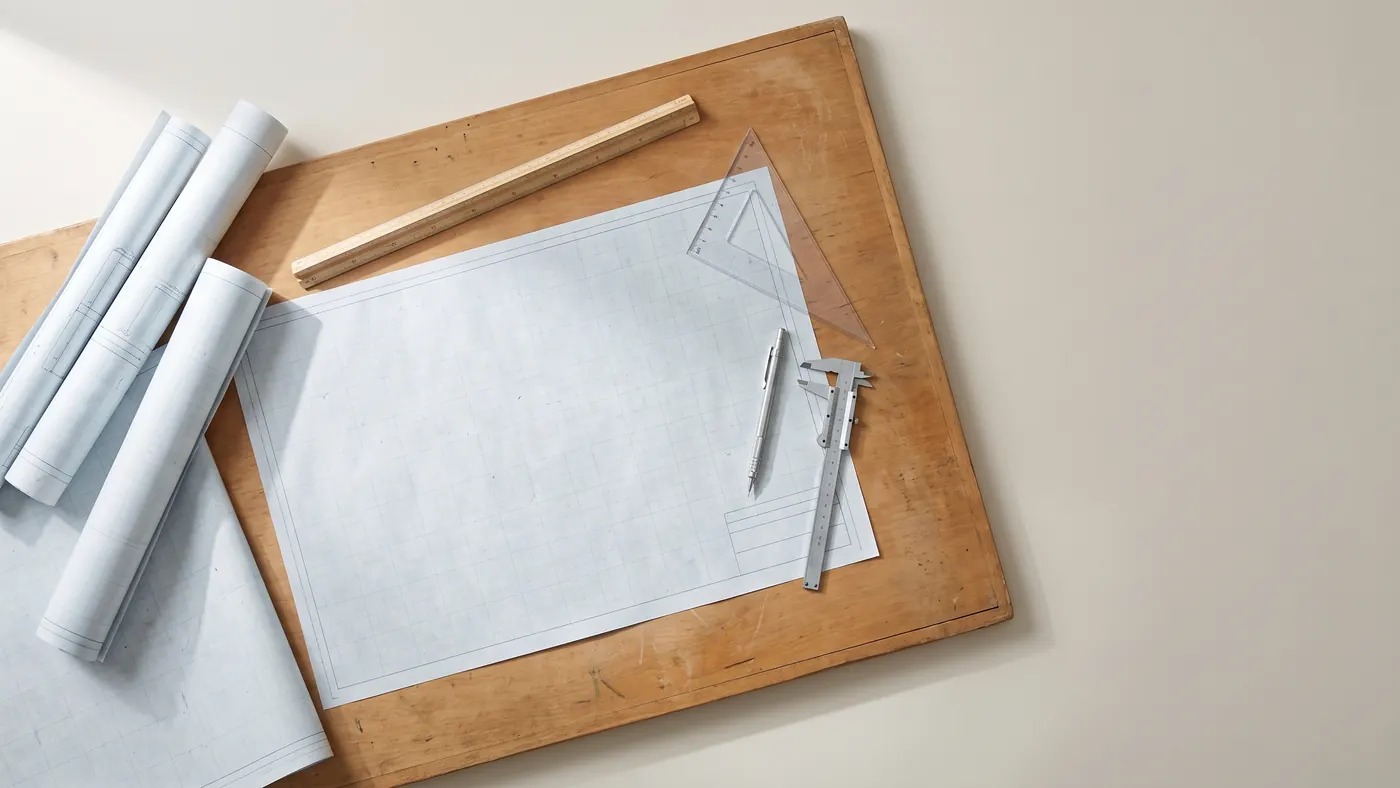 A drafting table with rolled mechanical drawings, a scale rule, an adjustable triangle and dividers under soft north light