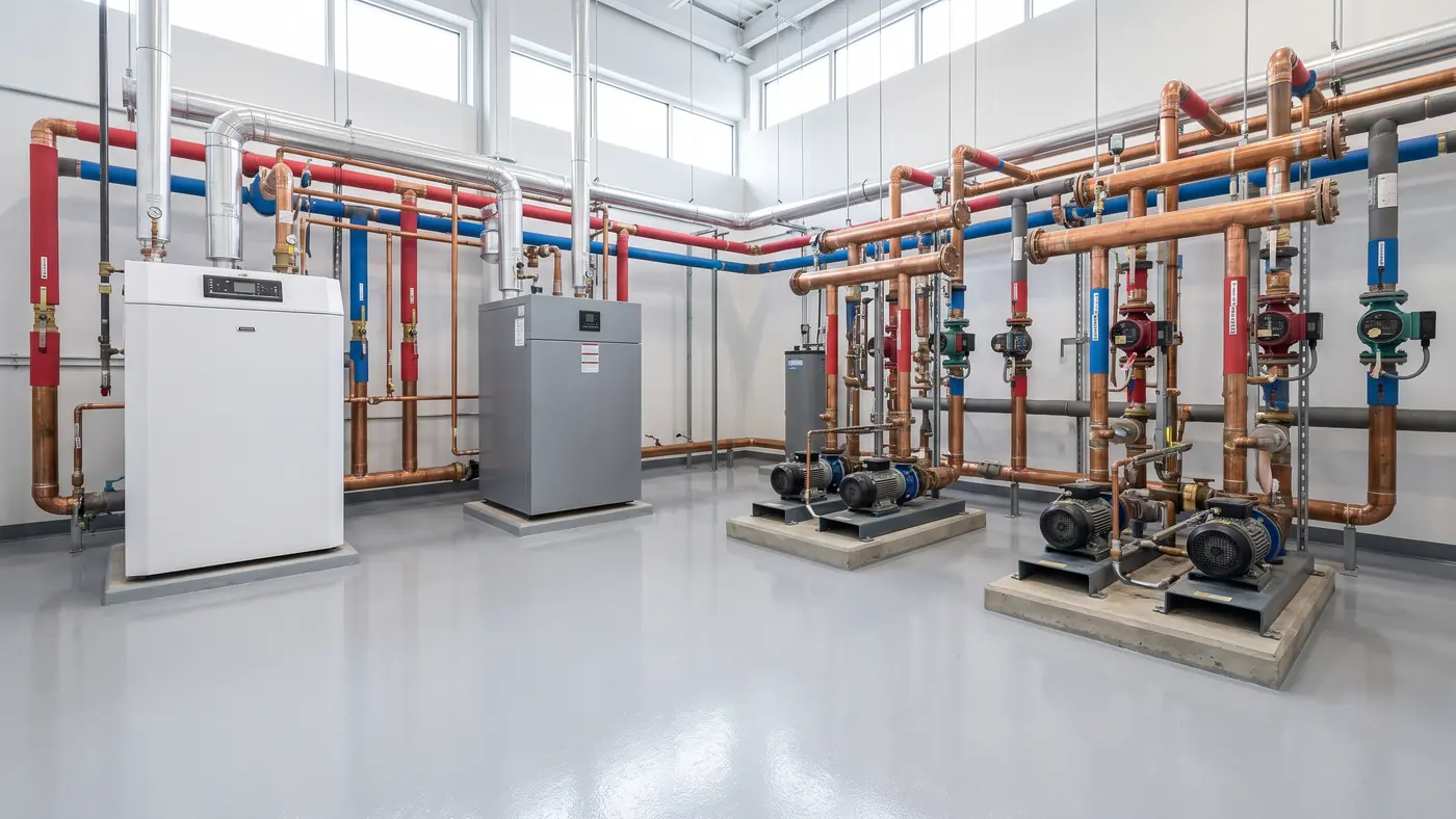 A clean commercial mechanical room with condensing boilers, copper hydronic headers, circulator pumps and colour-coded pipe insulation