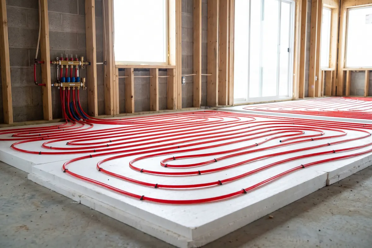 Red PEX radiant heating tubing clipped in parallel loops over insulation board on a concrete slab before pour