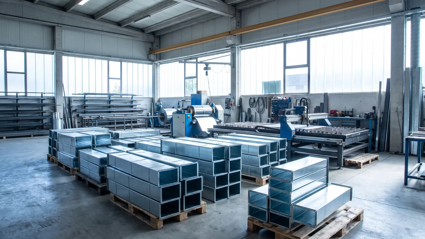 An HVAC sheet metal fabrication shop with a coil line, plasma cutting table and freshly formed galvanized duct sections stacked in rows