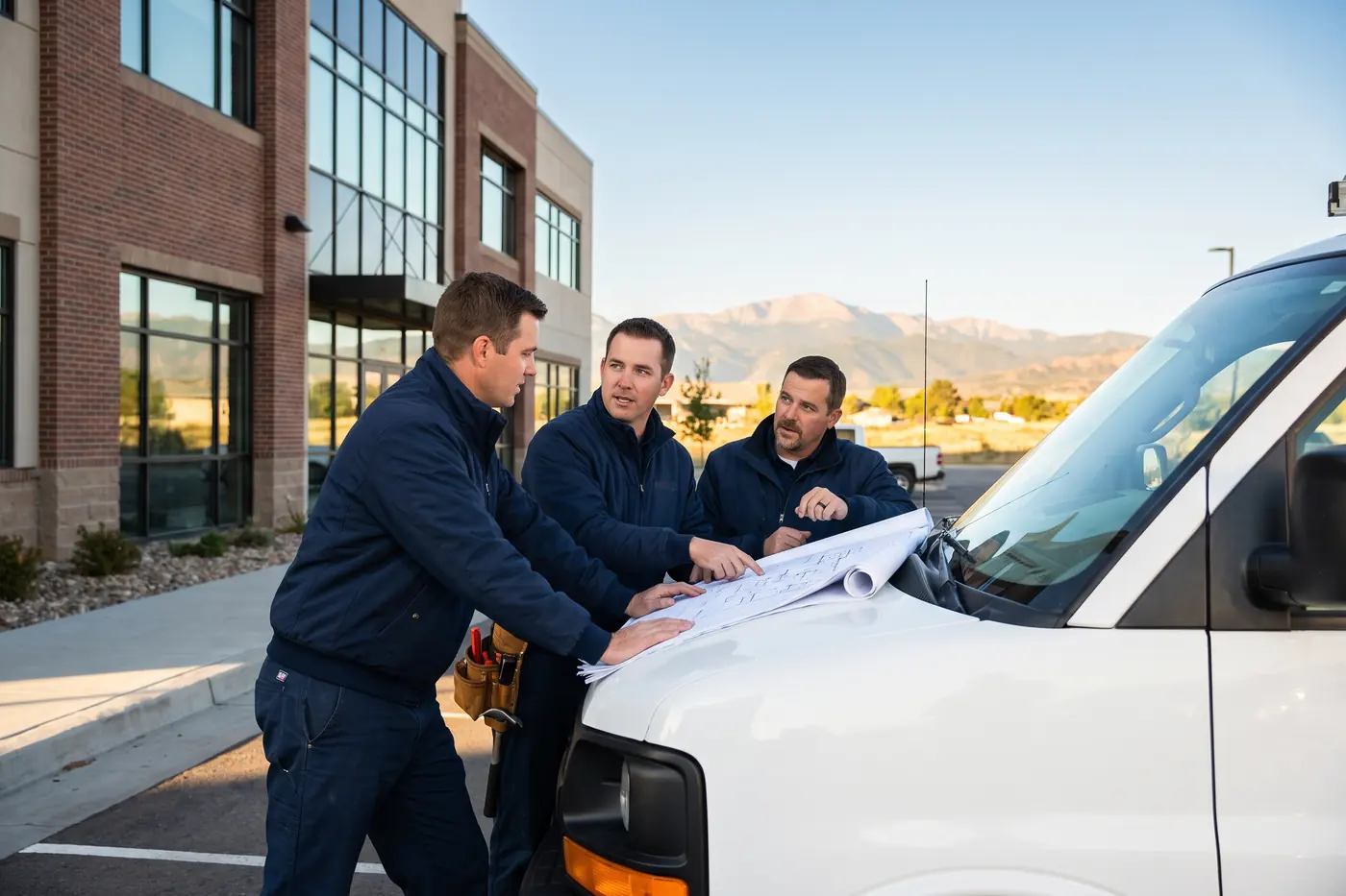 Three mechanical contracting professionals in navy work uniforms reviewing a large drawing spread on the hood of a white service van outside a commercial building