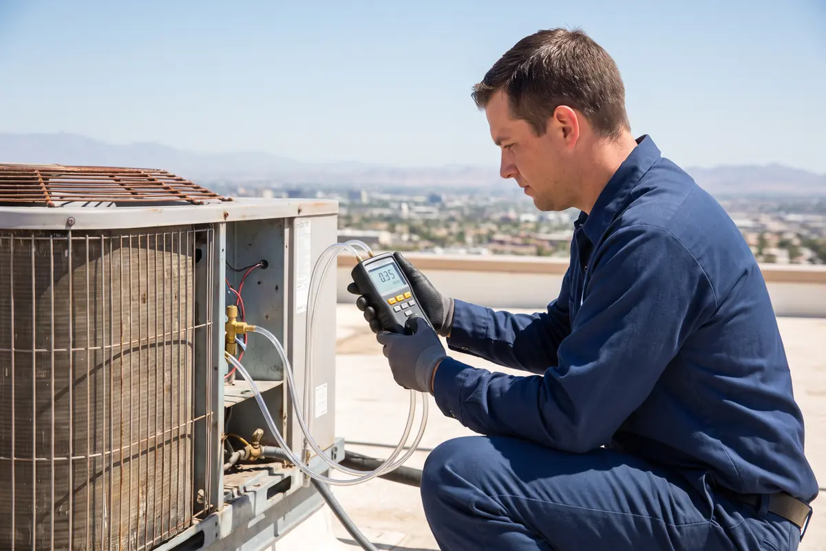 An HVAC technician taking a digital manometer reading at an outdoor condensing unit with mountains behind