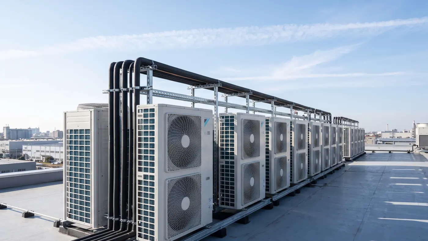 A row of white modular VRF outdoor condensing units with racked refrigerant line sets on a flat commercial roof